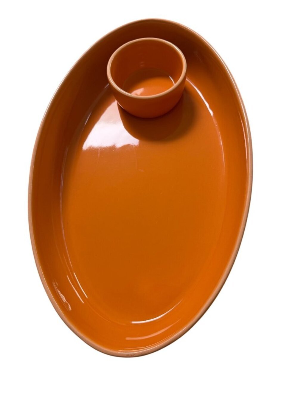 Crate And Barrel Ceramic Oval Serving Dish And Chip And Dip Tray Orange Dining
